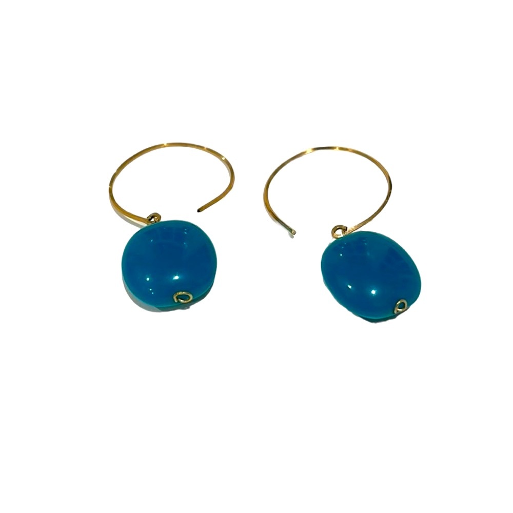 Vintage gold tone wire hoops with a turquoise resin rectangle. EUC